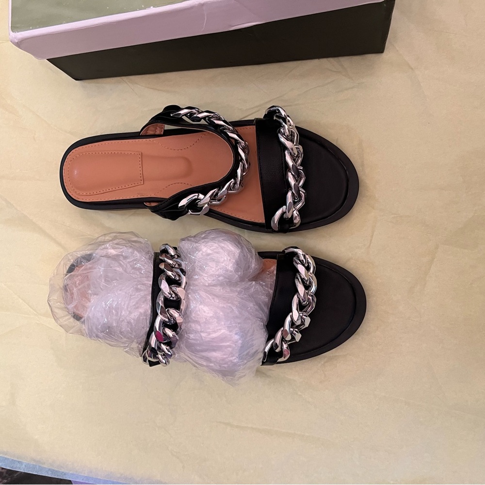 Black and Silver Slide Sandals with Chain Detail